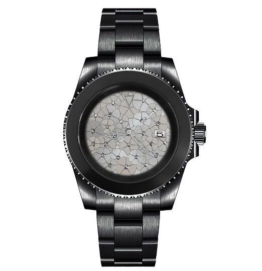 Mechanical Watch PVD Black 40mm Precision Steel Case Blue Treasure Glass Silver Inlaid Flower dial with NH35 movement