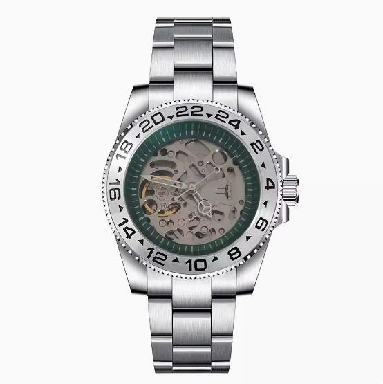 Mechanical watch 40mm precision steel case with full sand strap, blue sapphire glass hollow dial, green inner shadow with NH70 movement