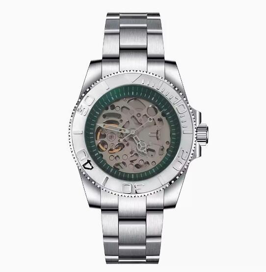 Mechanical watch 40mm precision steel case with full sand strap, blue sapphire glass hollow dial, green inner shadow with NH70 movement