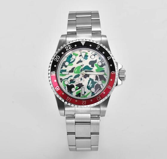 Mechanical watch 39.5mm stainless steel retro case+steel strip green glow camouflage dial with NH35 movement