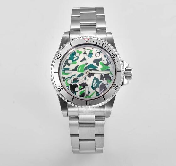 Mechanical watch 39.5mm stainless steel retro case+steel strip green glow camouflage dial with NH35 movement