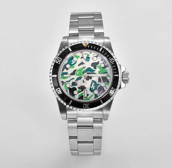 Mechanical watch 39.5mm stainless steel retro case+steel strip green glow camouflage dial with NH35 movement
