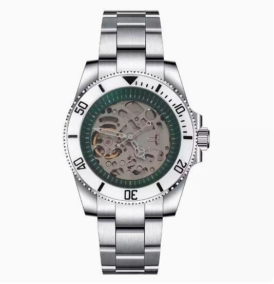 Mechanical watch 40mm precision steel case with full sand strap, blue sapphire glass hollow dial, green inner shadow with NH70 movement