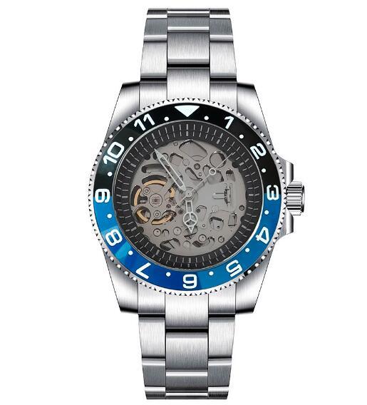 Mechanical watch 40mm precision steel case with full sand strap, blue sapphire glass hollow dial, black inner shadow with NH70 movement