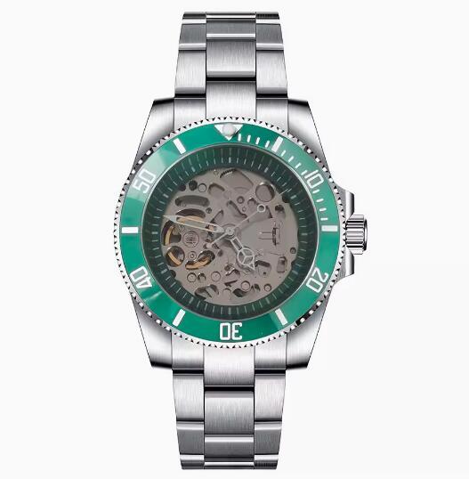 Mechanical watch 40mm precision steel case with full sand strap, blue sapphire glass hollow dial, green inner shadow with NH70 movement