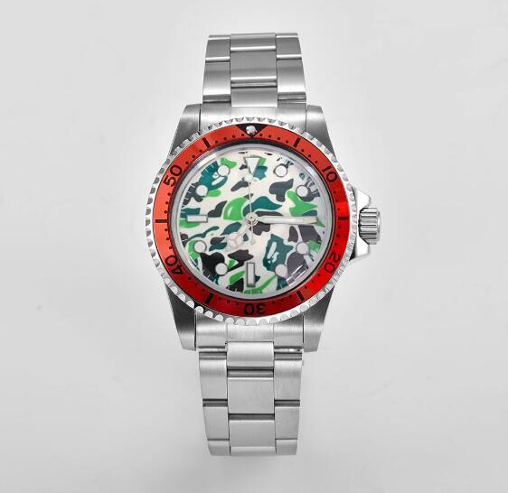 Mechanical watch 39.5mm stainless steel retro case+steel strip green glow camouflage dial with NH35 movement