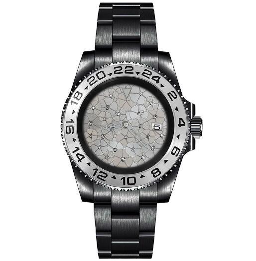Mechanical Watch PVD Black 40mm Precision Steel Case Blue Treasure Glass Silver Inlaid Flower dial with NH35 movement