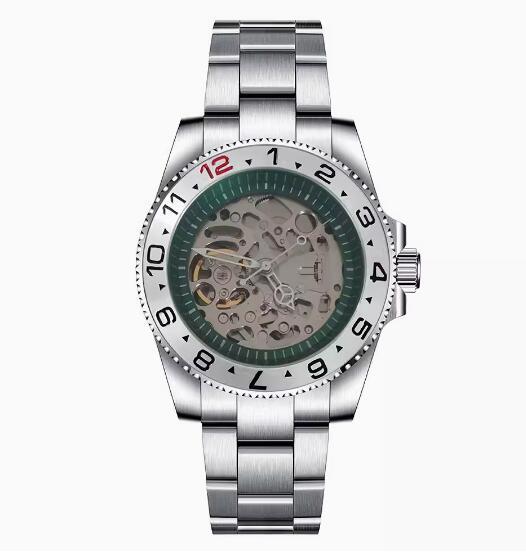 Mechanical watch 40mm precision steel case with full sand strap, blue sapphire glass hollow dial, green inner shadow with NH70 movement