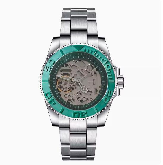 Mechanical watch 40mm precision steel case with full sand strap, blue sapphire glass hollow dial, green inner shadow with NH70 movement