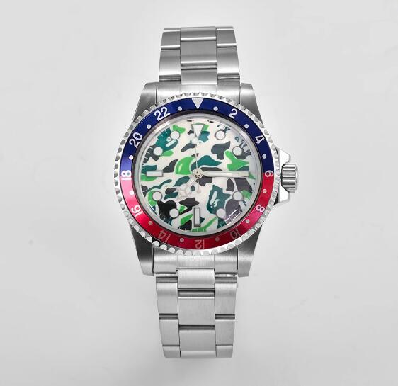 Mechanical watch 39.5mm stainless steel retro case+steel strip green glow camouflage dial with NH35 movement