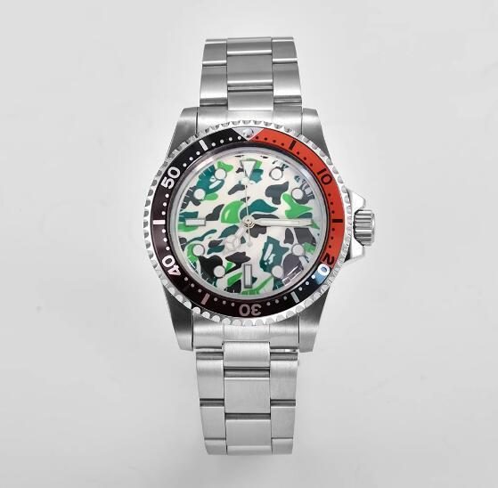 Mechanical watch 39.5mm stainless steel retro case+steel strip green glow camouflage dial with NH35 movement