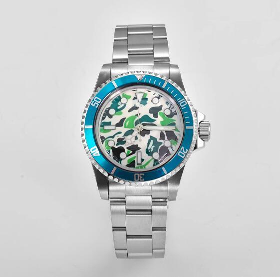 Mechanical watch 39.5mm stainless steel retro case+steel strip green glow camouflage dial with NH35 movement