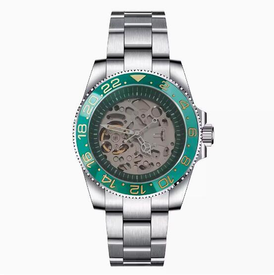Mechanical watch 40mm precision steel case with full sand strap, blue sapphire glass hollow dial, green inner shadow with NH70 movement