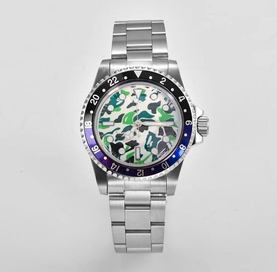 Mechanical watch 39.5mm stainless steel retro case+steel strip green glow camouflage dial with NH35 movement