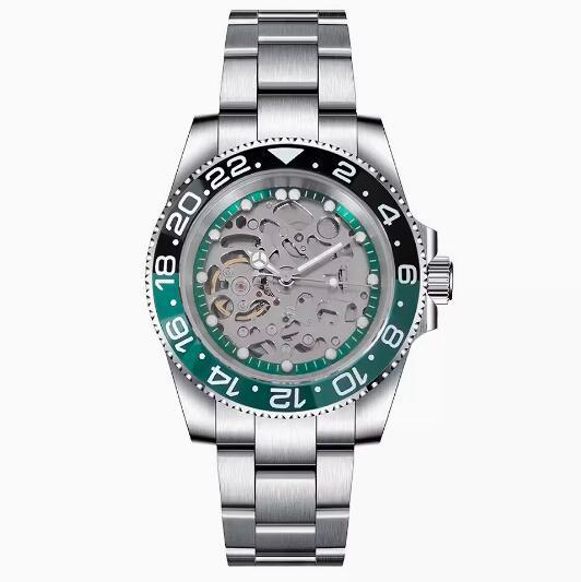 Men's hollowed out mechanical watch with a 40mm stainless steel case, green ring and brushed sand strap, equipped with NH70 mechanical movement