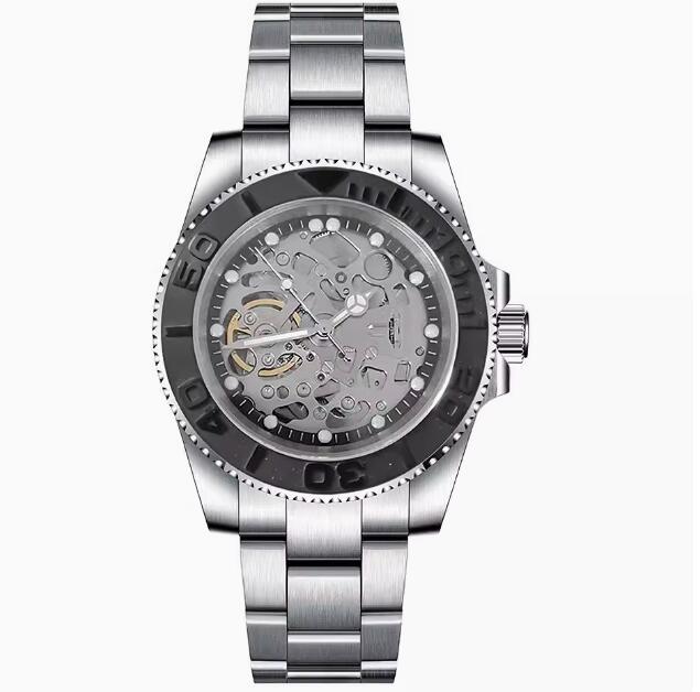 Men's hollowed out mechanical watch with a 40mm stainless steel case and black ring finish, featuring NH70 mechanical movement
