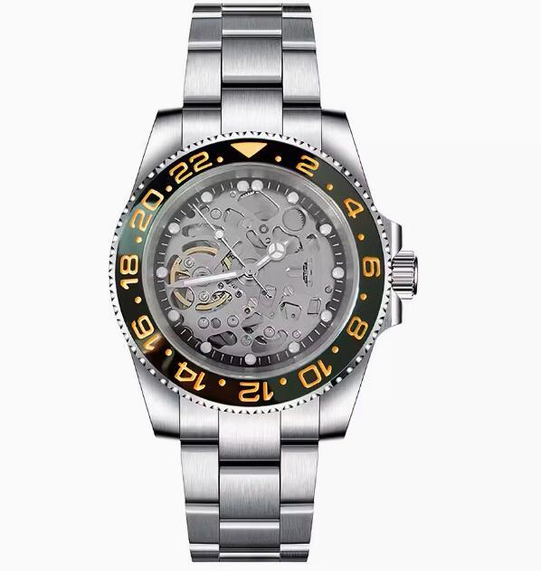 Men's hollowed out mechanical watch with a 40mm stainless steel case and black ring finish, featuring NH70 mechanical movement