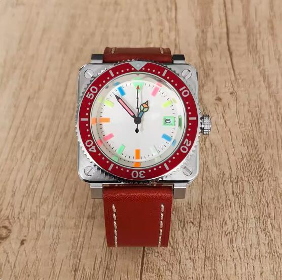 New men's square mechanical watch with leather strap and colorful glow, equipped with Japanese NH35 movement