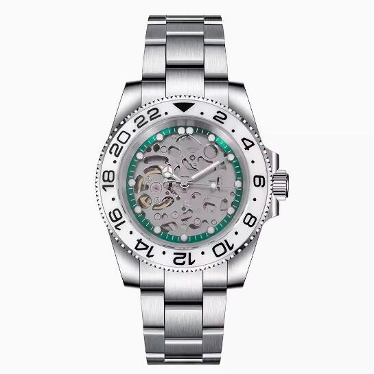 Men's hollowed out mechanical watch with a 40mm stainless steel case, green ring and brushed sand strap, equipped with NH70 mechanical movement