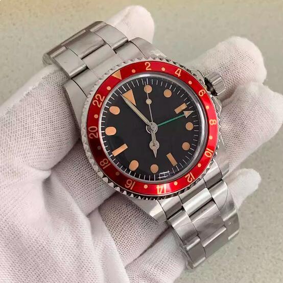 39.5mm Vintage Men's Vintage Mechanical GMT Watch with Four Pin Green Glow and Japanese NH34 Movement