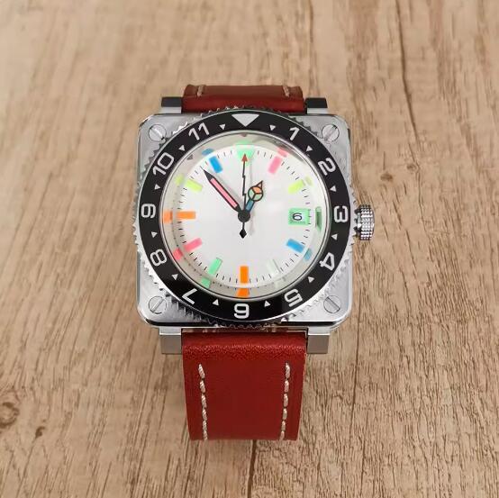 New men's square mechanical watch with leather strap and colorful glow, equipped with Japanese NH35 movement