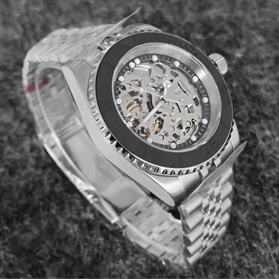 Men's hollowed out mechanical watch with 40mm stainless steel case and black ring surface equipped with NH70 mechanical movement