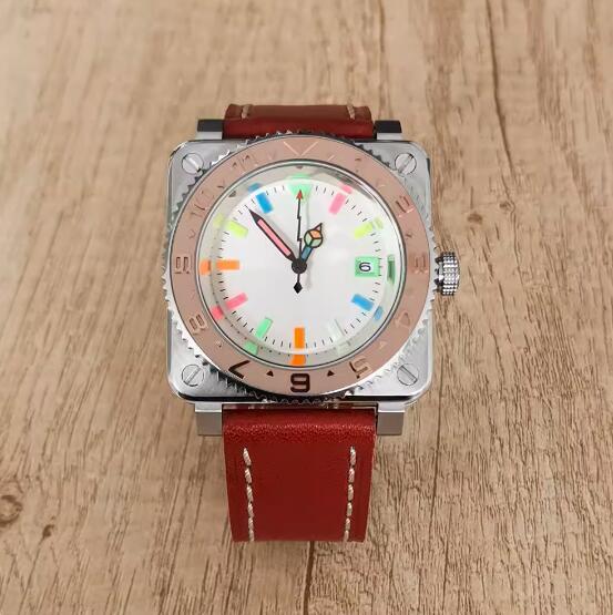 New men's square mechanical watch with leather strap and colorful glow, equipped with Japanese NH35 movement