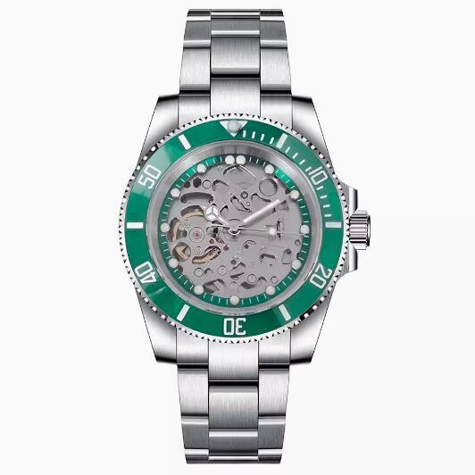 Men's hollowed out mechanical watch with a 40mm stainless steel case, green ring and brushed sand strap, equipped with NH70 mechanical movement