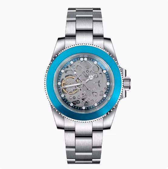 Men's hollowed out mechanical watch with 40mm stainless steel case and blue ring surface equipped with NH70 mechanical movement