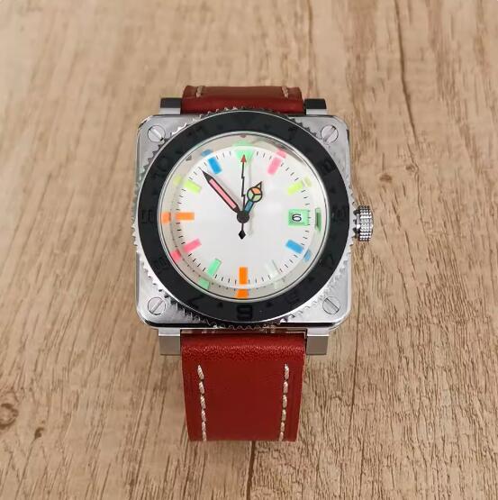 New men's square mechanical watch with leather strap and colorful glow, equipped with Japanese NH35 movement