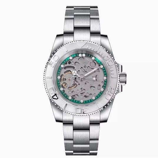 Men's hollowed out mechanical watch with a 40mm stainless steel case, green ring and brushed sand strap, equipped with NH70 mechanical movement