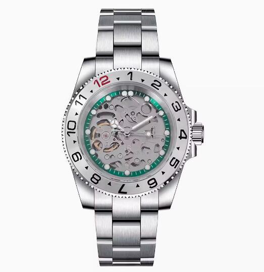 Men's hollowed out mechanical watch with a 40mm stainless steel case, green ring and brushed sand strap, equipped with NH70 mechanical movement