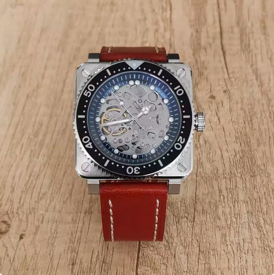 New men's square logo free hollowed out watch with green glow and Japanese NH70 automatic mechanical movement