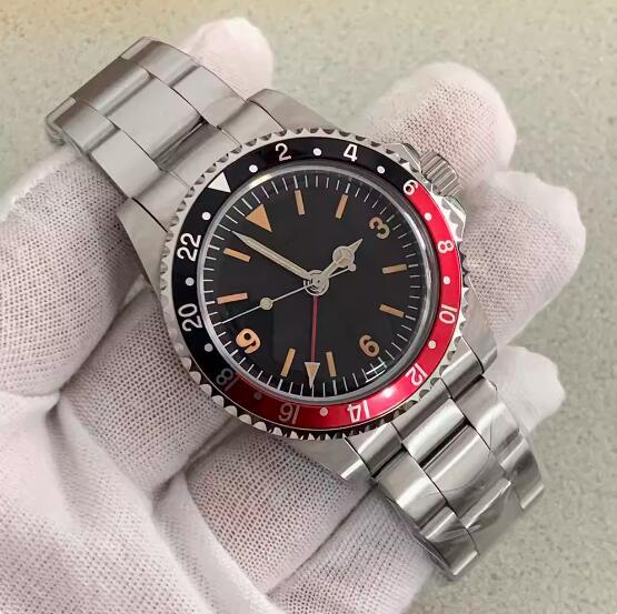 39.5mm Vintage Men's Vintage Mechanical GMT Watch with Four Pin Green Glow and Japanese NH34 Movement