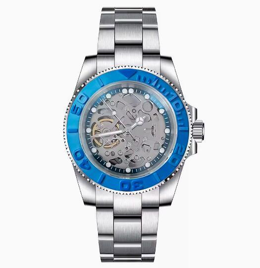 Men's hollowed out mechanical watch with 40mm stainless steel case and blue ring surface equipped with NH70 mechanical movement