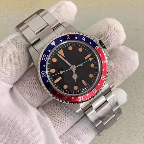 39.5mm Vintage Men's Vintage Mechanical GMT Watch with Four Pin Green Glow and Japanese NH34 Movement