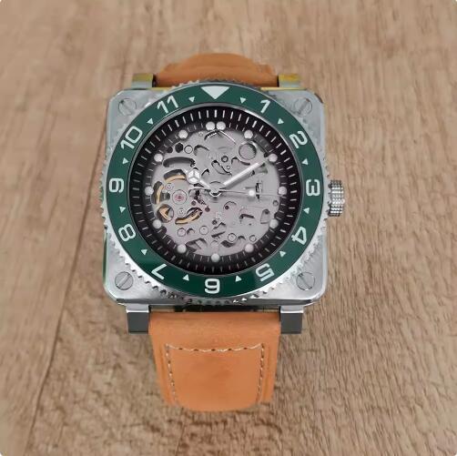 New men's square logo free hollowed out watch with green glow and Japanese NH70 automatic mechanical movement