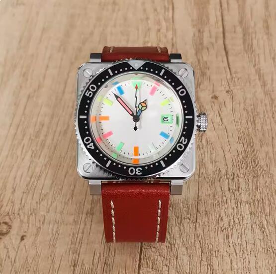 New men's square mechanical watch with leather strap and colorful glow, equipped with Japanese NH35 movement