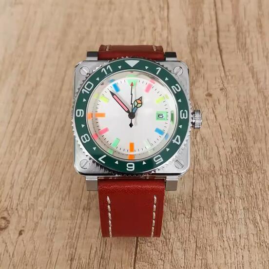 New men's square mechanical watch with leather strap and colorful glow, equipped with Japanese NH35 movement