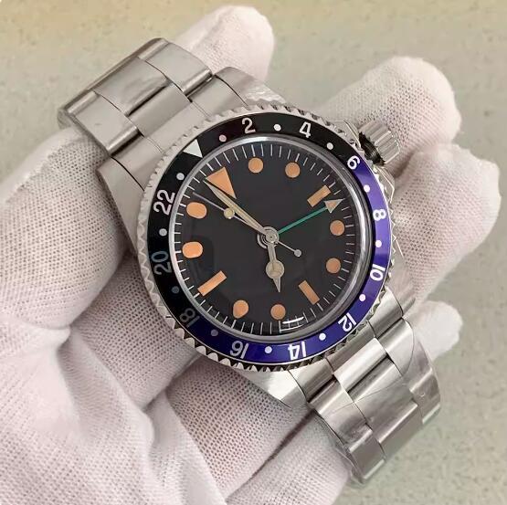 39.5mm Vintage Men's Vintage Mechanical GMT Watch with Four Pin Green Glow and Japanese NH34 Movement