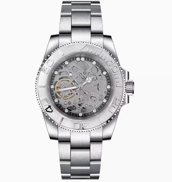 Men's hollowed out mechanical watch with a 40mm stainless steel case and black ring finish, featuring NH70 mechanical movement