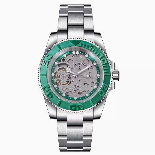 Men's hollowed out mechanical watch with a 40mm stainless steel case, green ring and brushed sand strap, equipped with NH70 mechanical movement