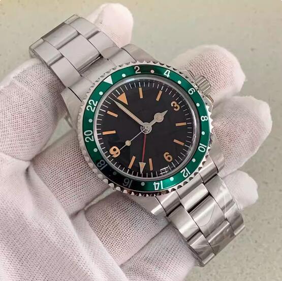 39.5mm Vintage Men's Vintage Mechanical GMT Watch with Four Pin Green Glow and Japanese NH34 Movement