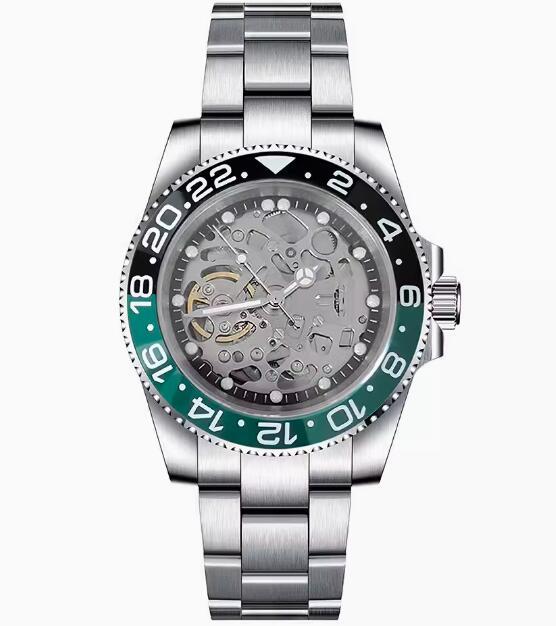 Men's hollowed out mechanical watch with a 40mm stainless steel case and black ring finish, featuring NH70 mechanical movement
