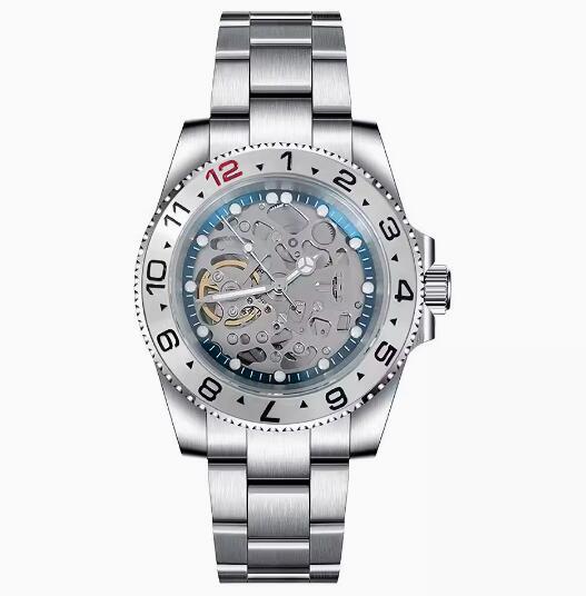 Men's hollowed out mechanical watch with 40mm stainless steel case and blue ring surface equipped with NH70 mechanical movement