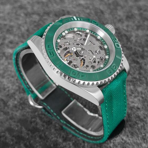 Men's Hollow out Mechanical Watch 40mm Precision Steel Case Velcro Nylon Strap with NH70 Movement
