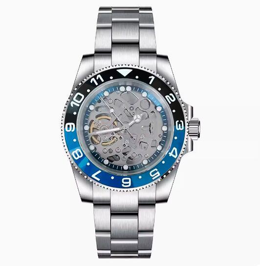 Men's hollowed out mechanical watch with 40mm stainless steel case and blue ring surface equipped with NH70 mechanical movement