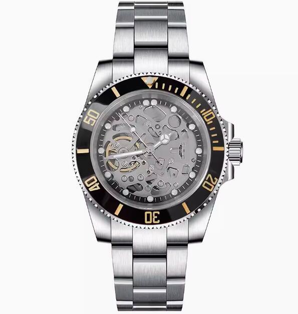 Men's hollowed out mechanical watch with a 40mm stainless steel case and black ring finish, featuring NH70 mechanical movement