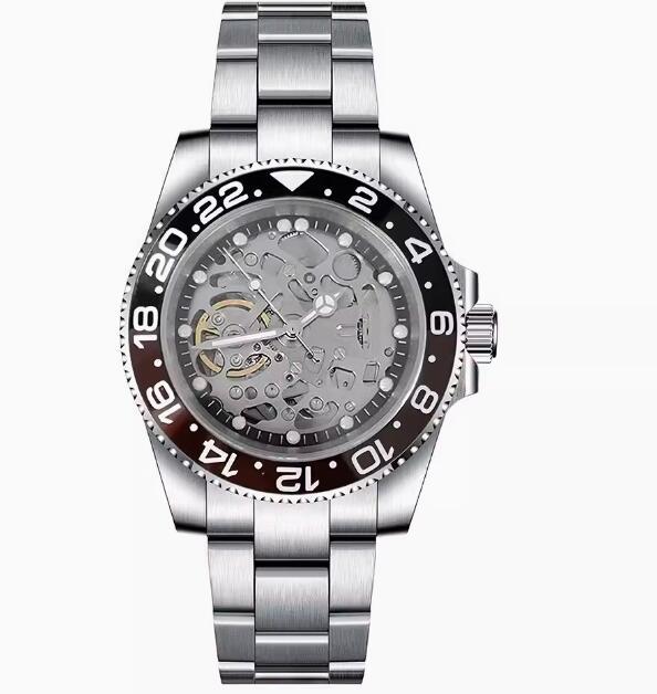 Men's hollowed out mechanical watch with a 40mm stainless steel case and black ring finish, featuring NH70 mechanical movement