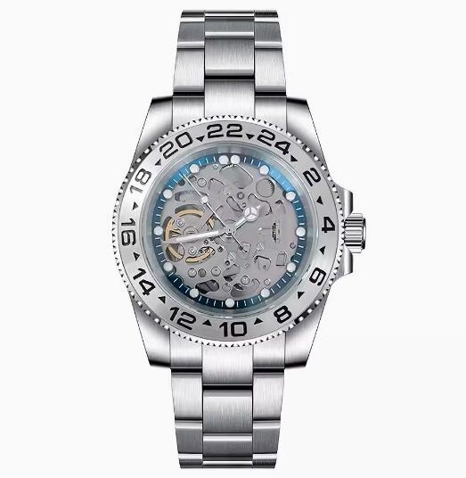 Men's hollowed out mechanical watch with 40mm stainless steel case and blue ring surface equipped with NH70 mechanical movement